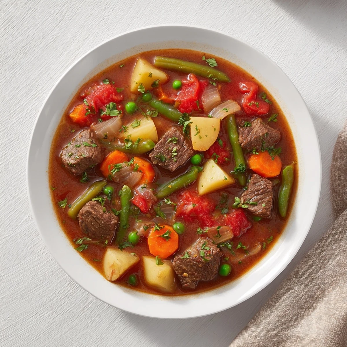 Close-up of Beef Vegetable Soup with potatoes, showcasing tender beef and vibrant vegetables in broth.