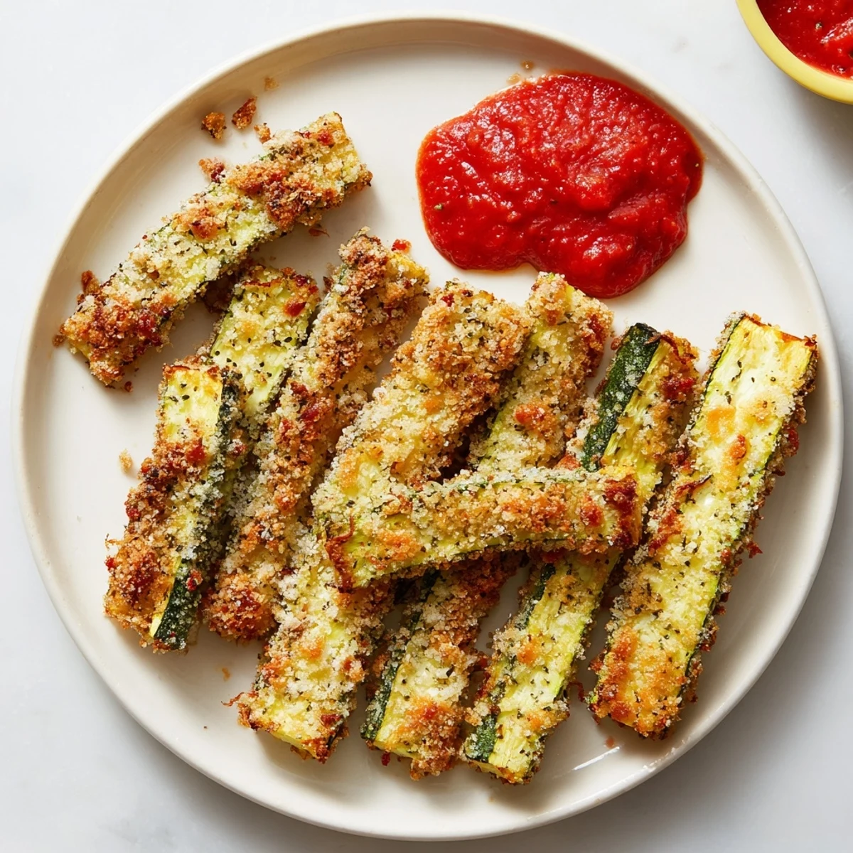 Crispy, oven-baked zucchini fries with a side of warm marinara for dipping: a delightful snack!