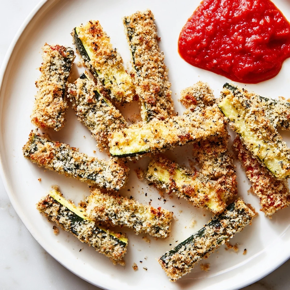 Close-up of baked zucchini fries showing their crunchy texture, served with fresh marinara sauce.