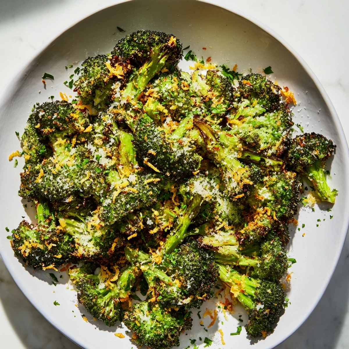 Golden-brown roasted broccoli, perfectly seasoned with garlic and Parmesan cheese, ready to eat!