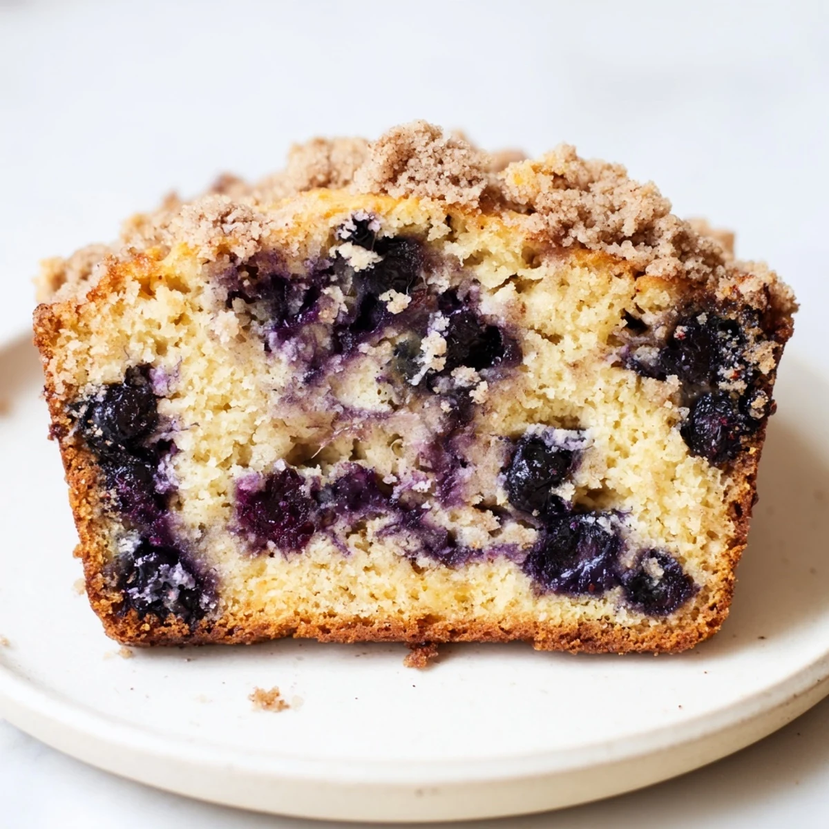 Golden-brown Lemon Blueberry Bread loaf, topped with crumbly streusel, ready to be sliced and enjoyed.