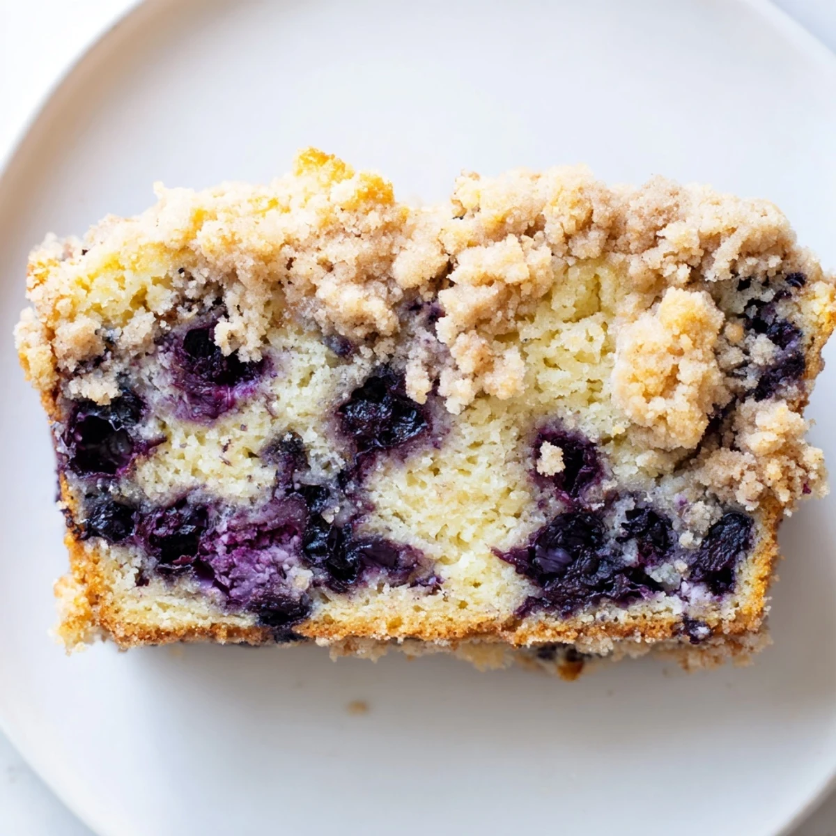 Close-up of a slice of moist Lemon Blueberry Bread showcasing juicy blueberries and crisp streusel topping.