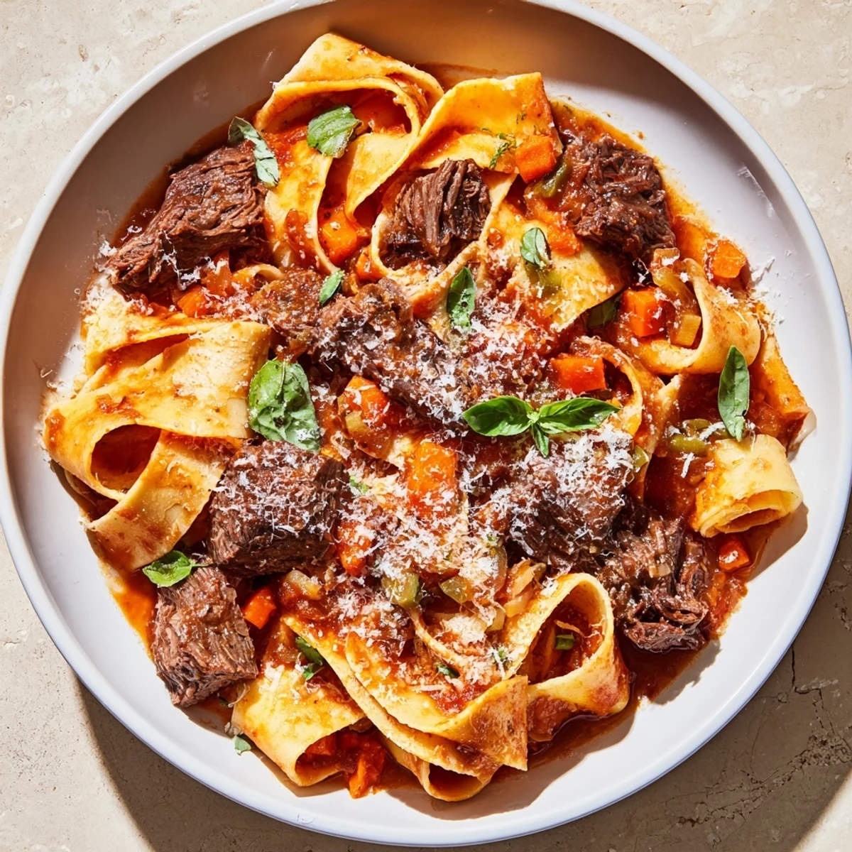 A steaming bowl of slow cooker beef ragu over pappardelle pasta, garnished with fresh herbs.