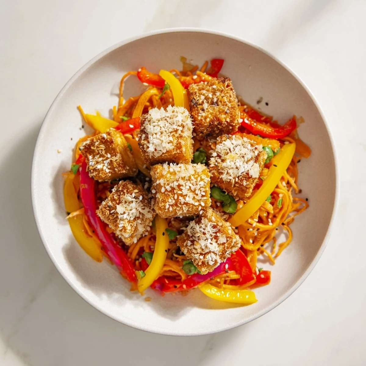 Golden, crispy coconut tofu with bright stir-fried veggies, ready to enjoy a vegan meal.