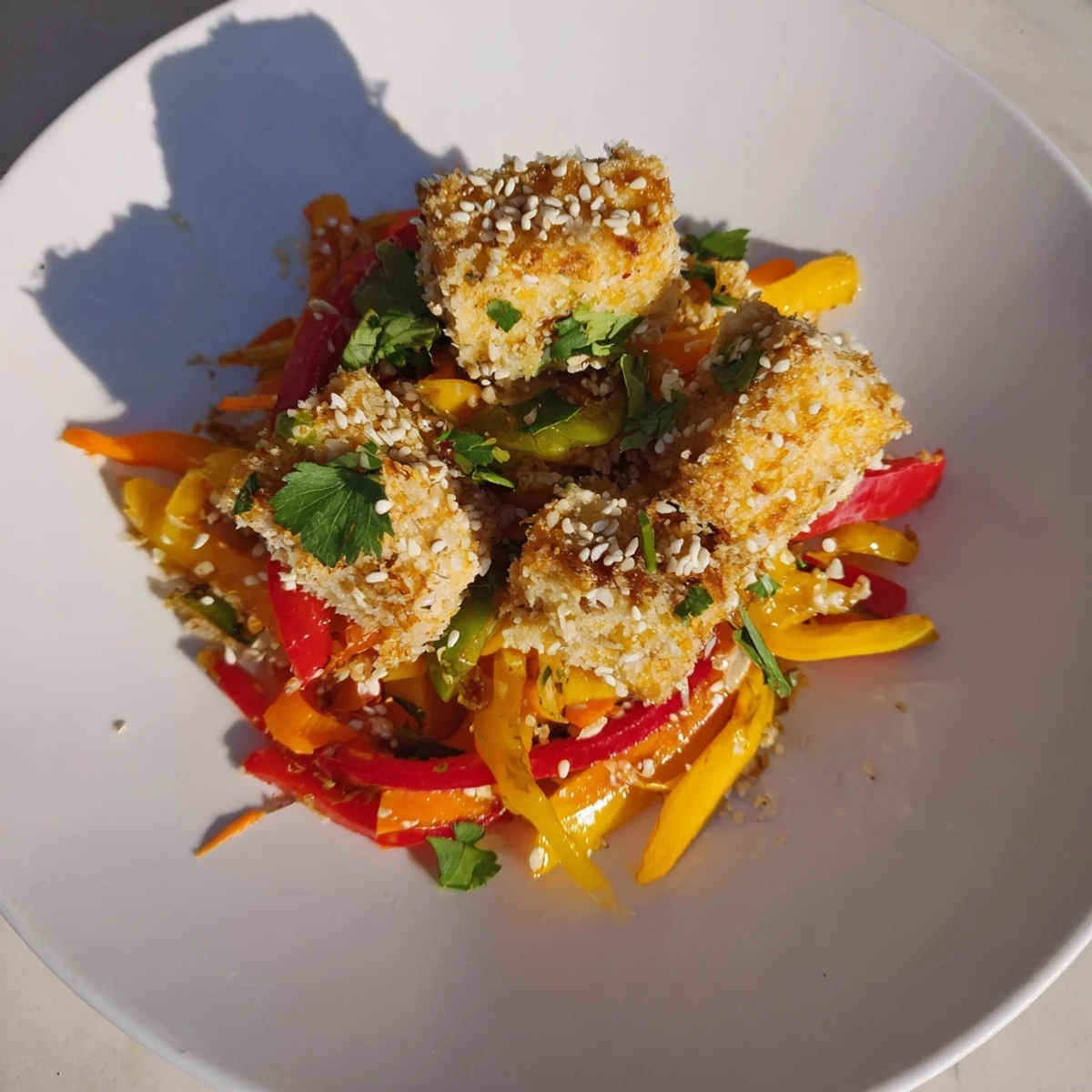 This photo features the delicious crispy coconut tofu alongside colorful stir-fry for dinner.
