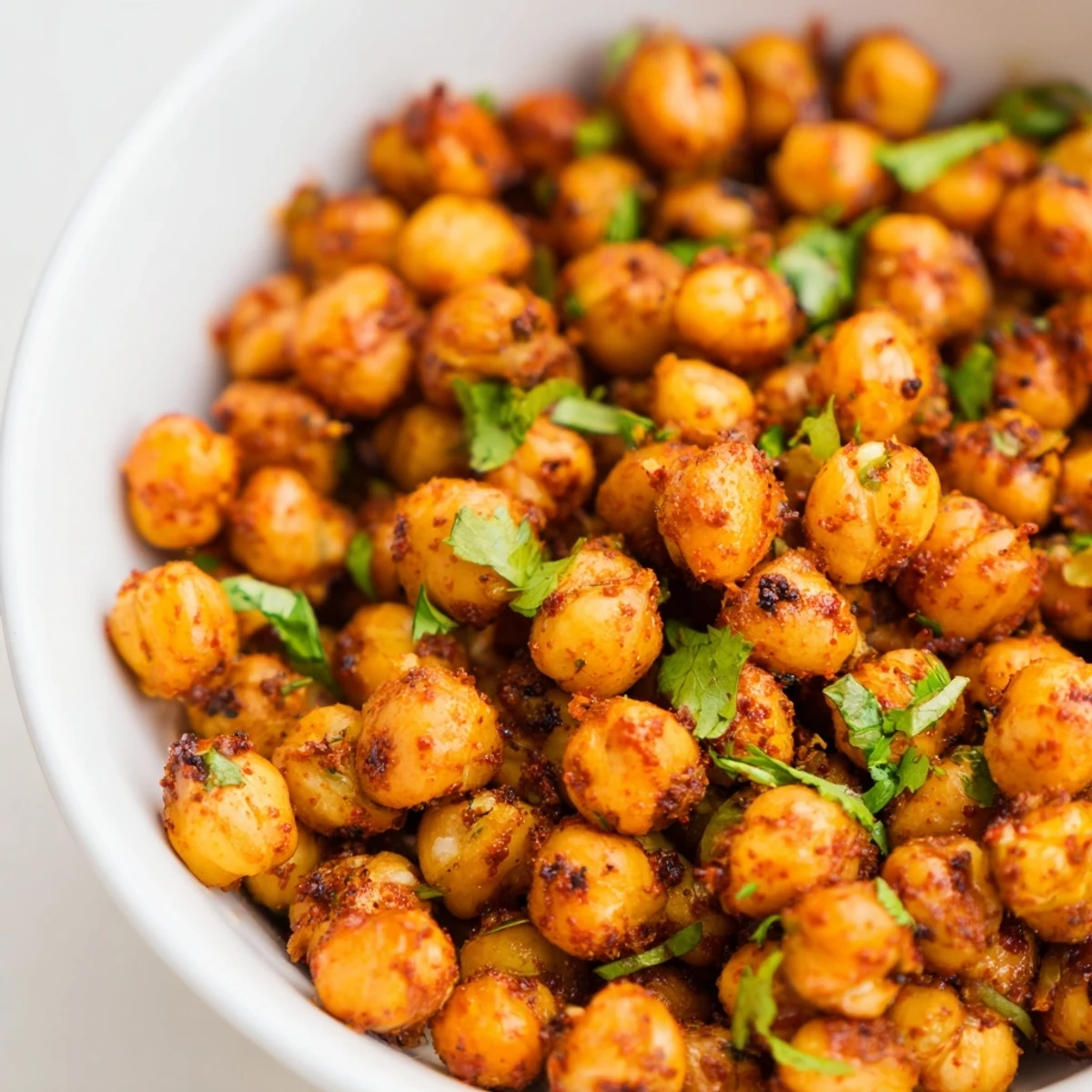 Crisp spicy roasted chickpeas with cumin and chili sprinkled over a fresh salad.