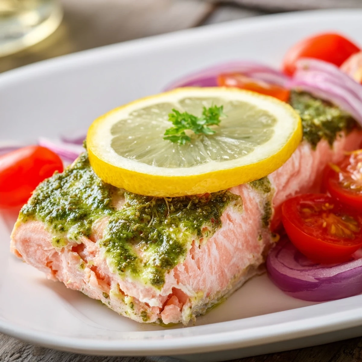 Golden baked salmon with pesto and cherry tomatoes, topped with lemon slices and fresh basil on a white plate.