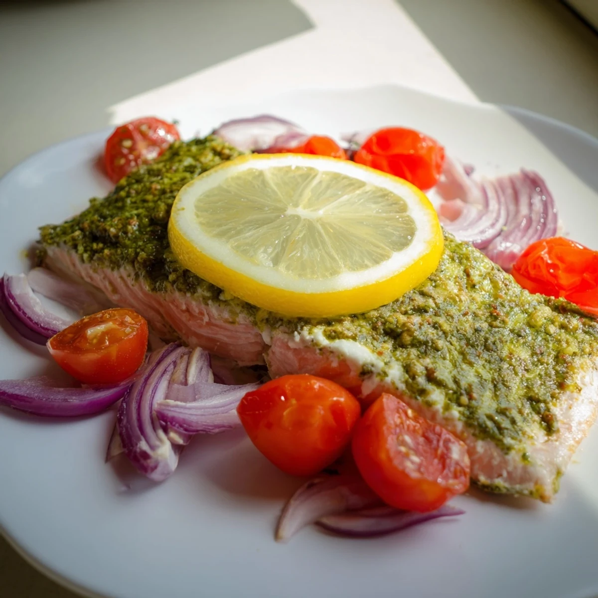 Flaky salmon fillet coated in pesto, surrounded by roasted cherry tomatoes and red onions on a baking tray.