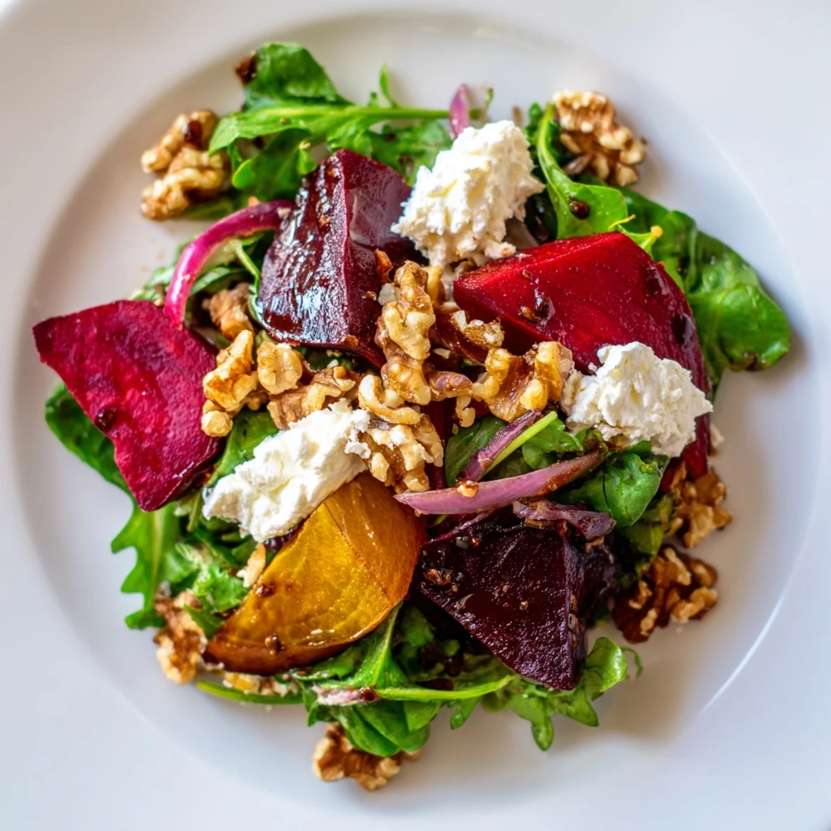 Roasted Beet Salad with Goat Cheese Crumbles topped with toasted walnuts and red onion, ready to serve at dinner.