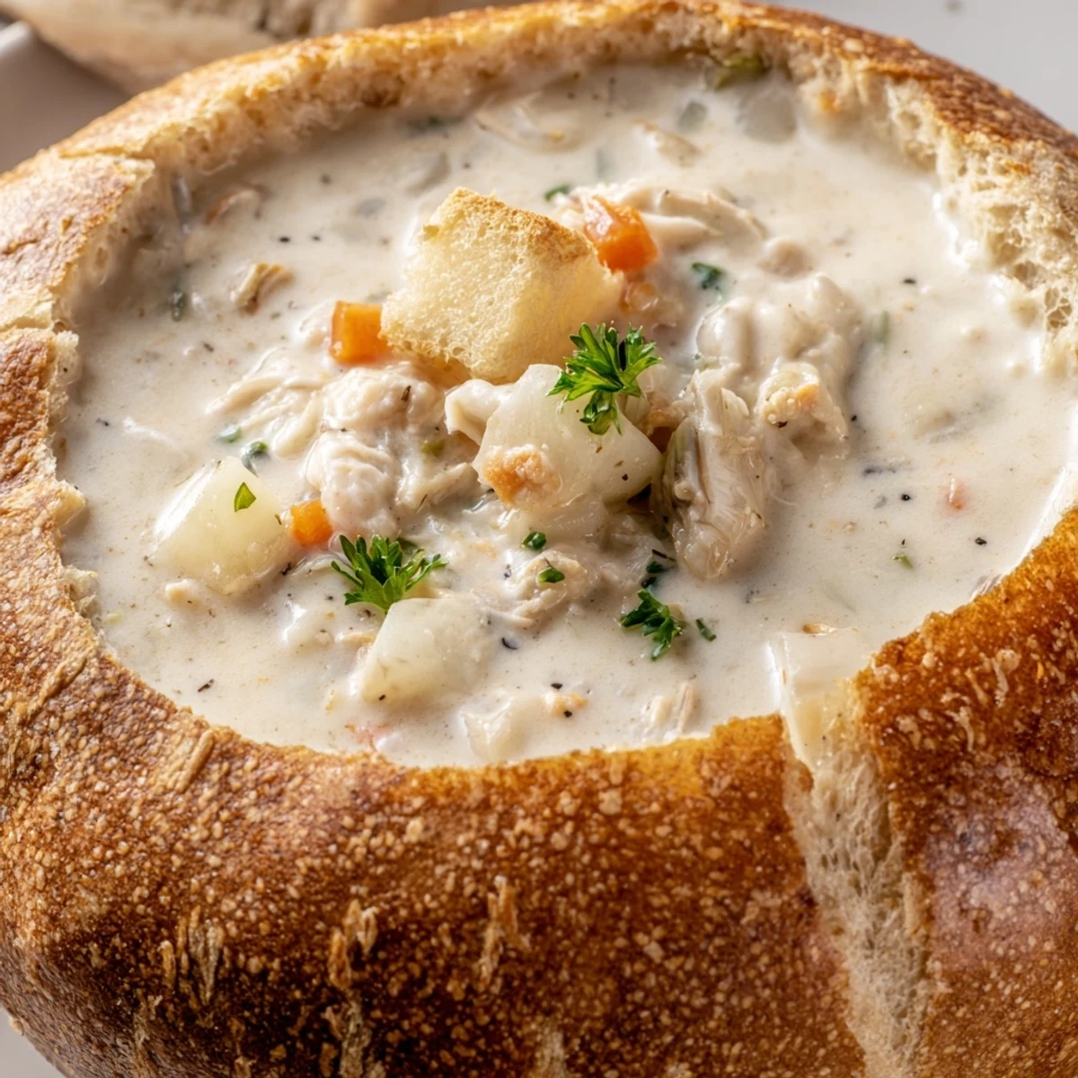 Creamy Clam Chowder in Sourdough Bread Bowl served warm, brimming with tender clams, potatoes, and veggies in a crusty loaf.