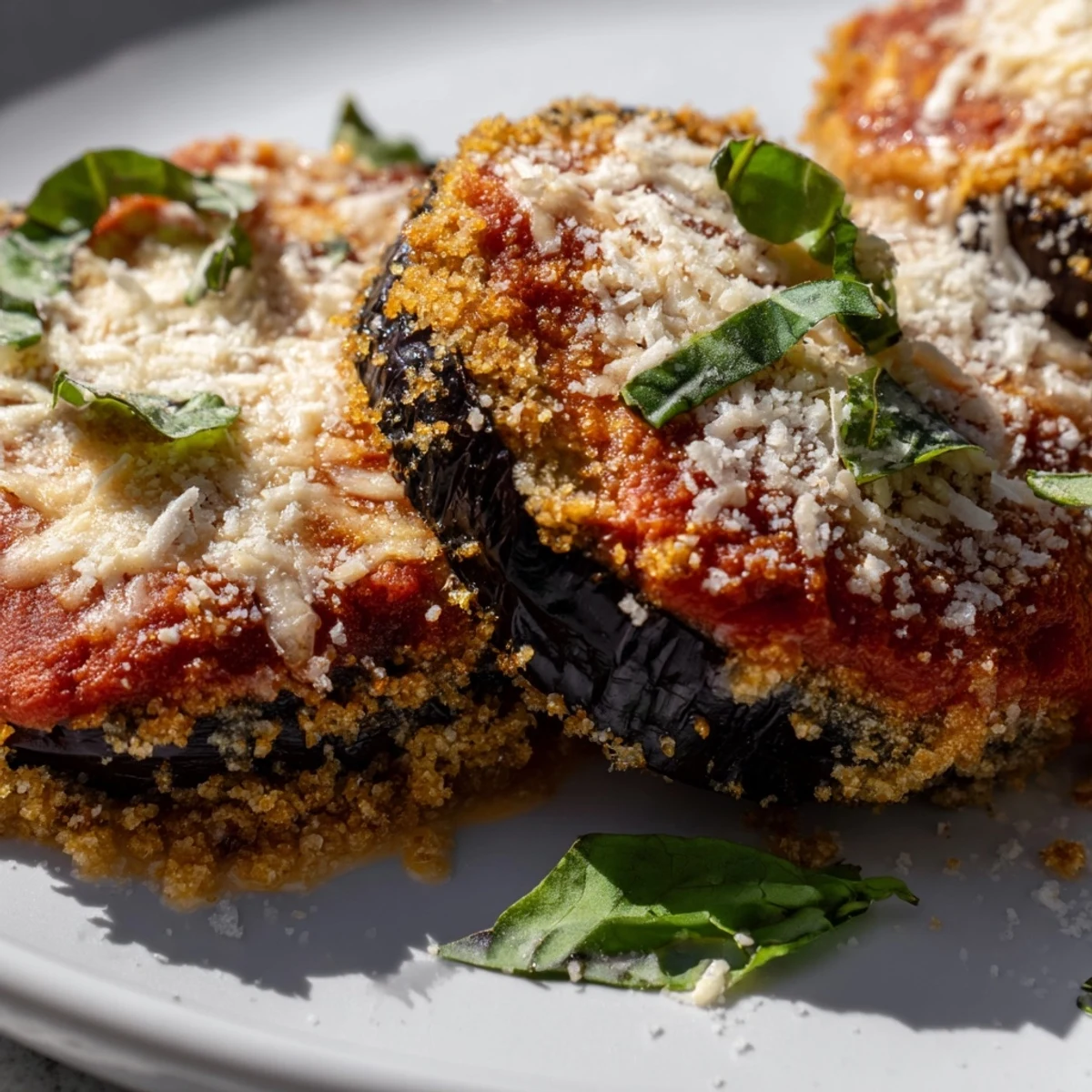 Golden-baked eggplant slices layered with marinara sauce and melted mozzarella in a casserole dish.