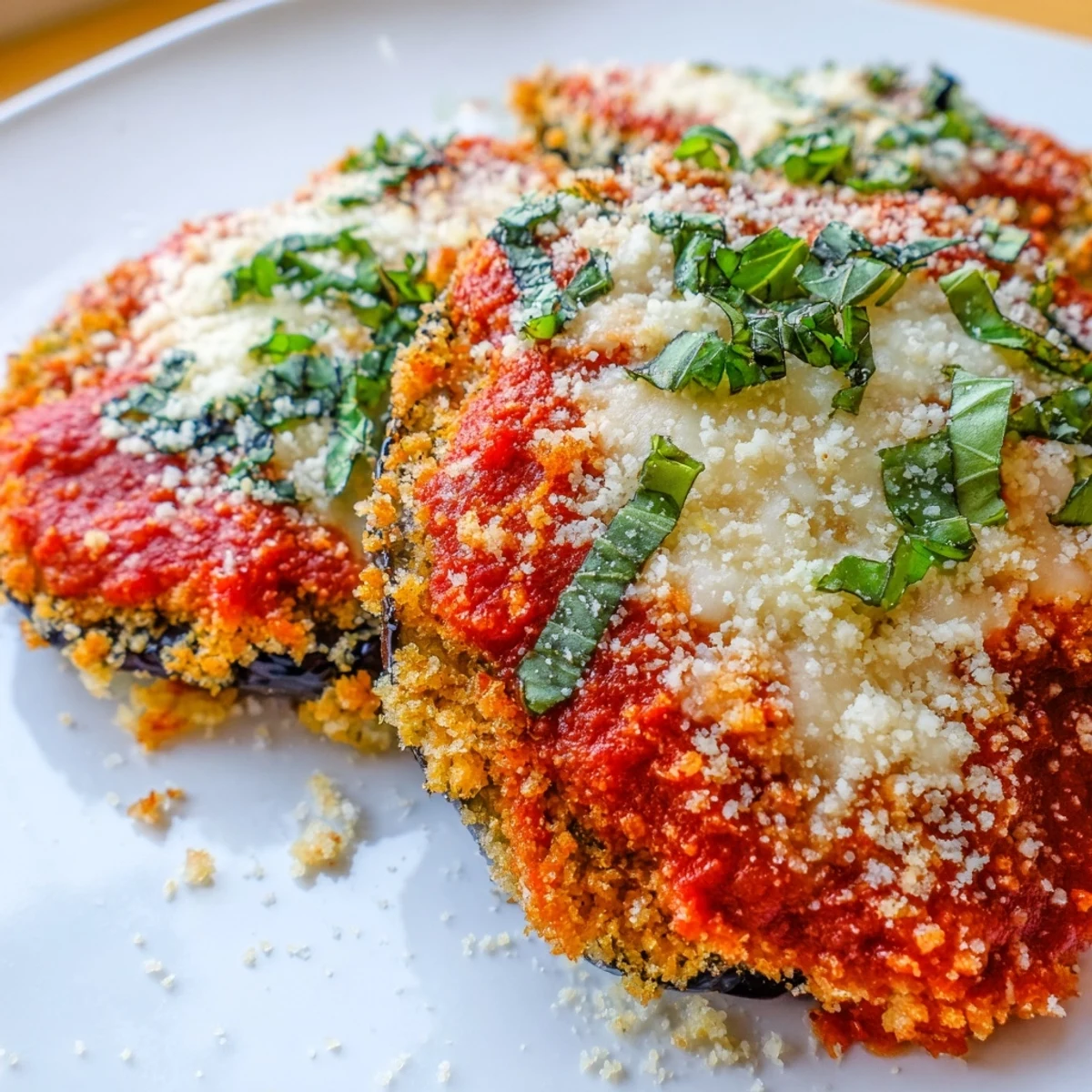 Crispy breaded eggplant rounds stacked high with rich tomato sauce and bubbly Parmesan cheese.