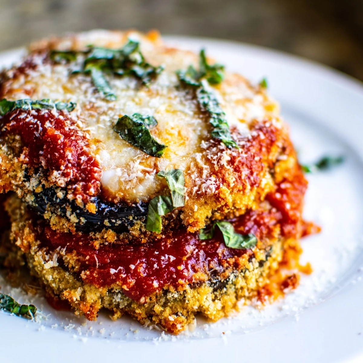 Close-up of Baked Eggplant Parmesan with fresh basil garnish, ready to serve warm.