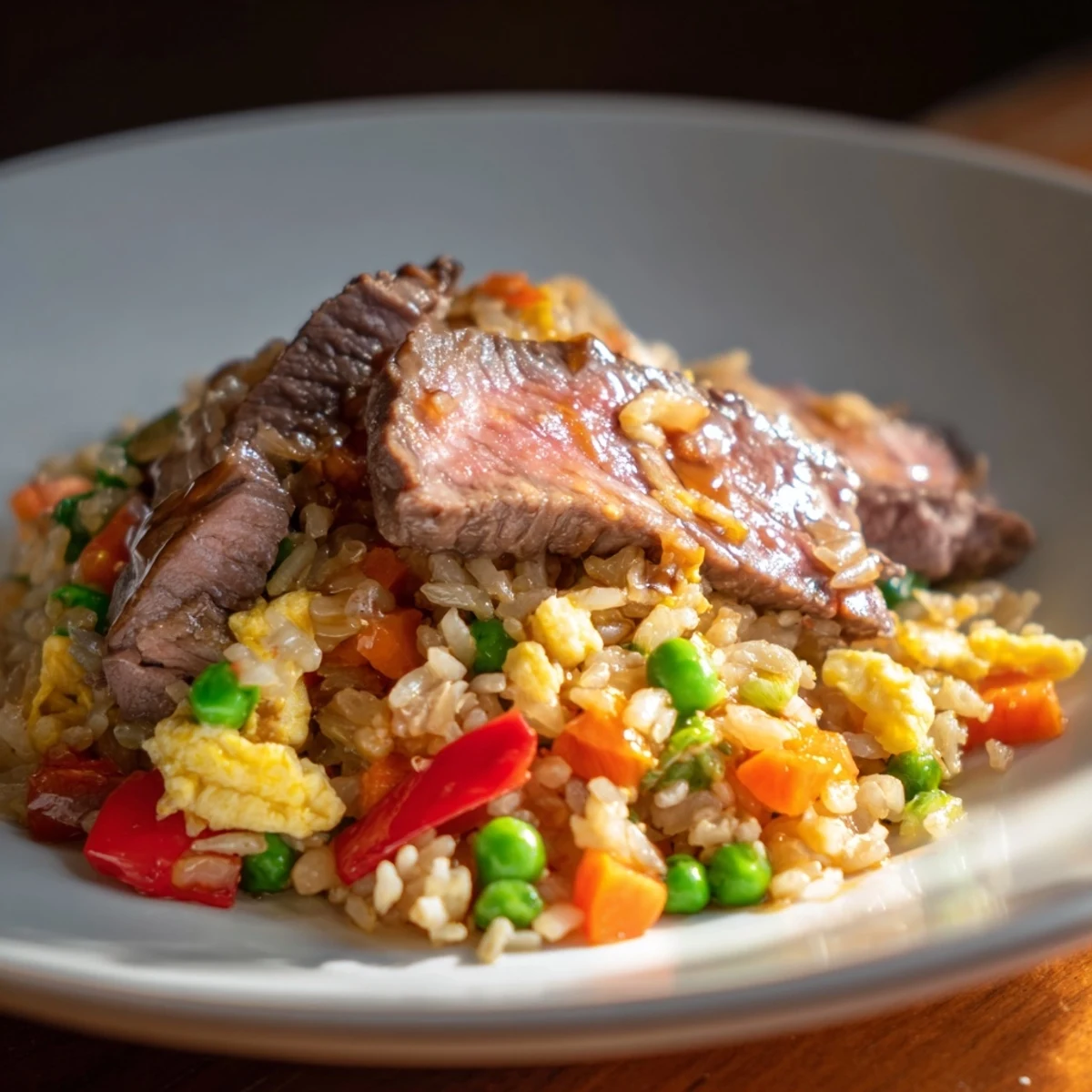 Beef Fried Rice with Mixed Vegetables and Egg served in a white bowl with chopsticks and fresh scallions, perfect for a weeknight meal.