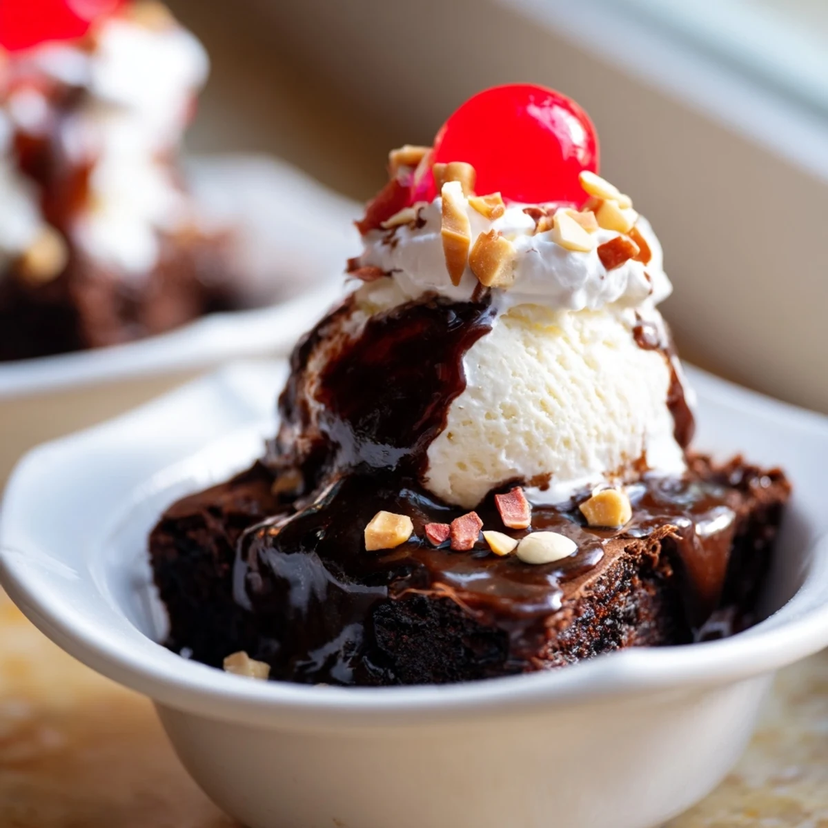 A close-up of a warm Chocolate Brownie Sundae with Hot Fudge Sauce, featuring a scoop of vanilla ice cream melting over rich, fudgy squares.