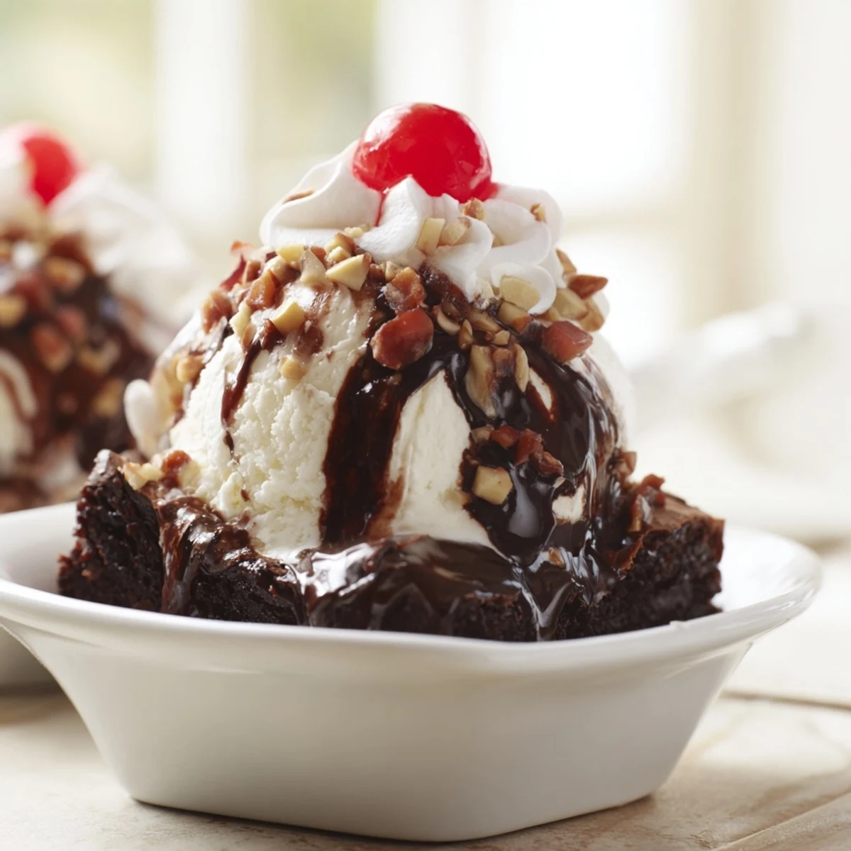 Decadent Chocolate Brownie Sundae with Hot Fudge Sauce plated on a white dish, highlighting gooey chocolate sauce drizzled over textured, crackly brownie edges.