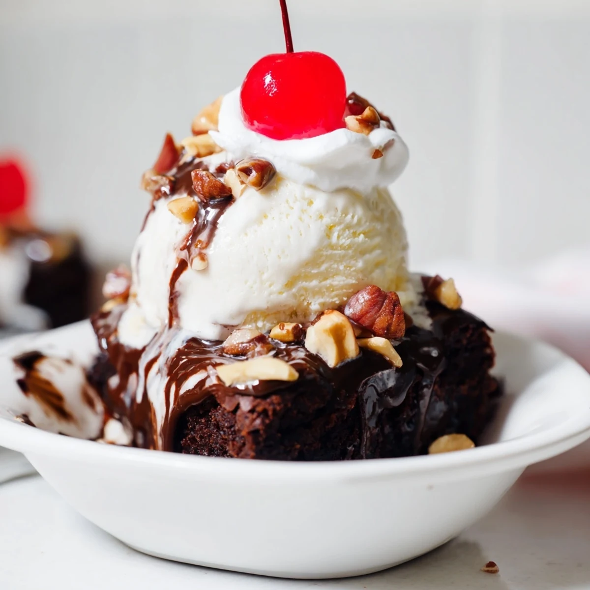 Overhead view of six Chocolate Brownie Sundaes, each topped with fluffy whipped cream and a bright maraschino cherry, ready to serve at a celebration.