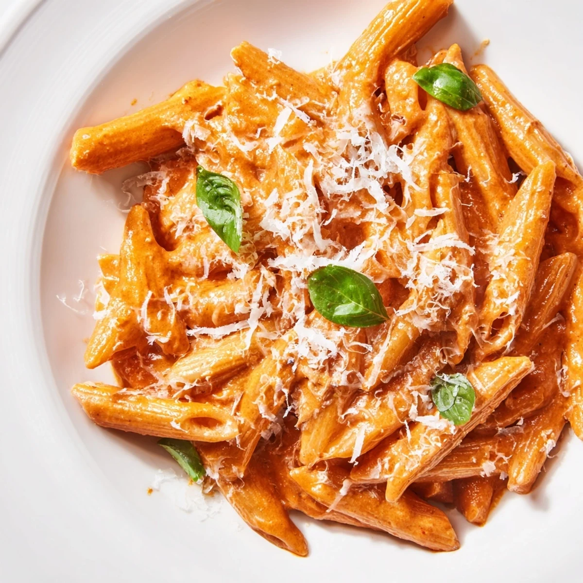 A skillet of Creamy Tomato Pasta with Fresh Basil Leaves topped with Parmesan, ready to serve warm.