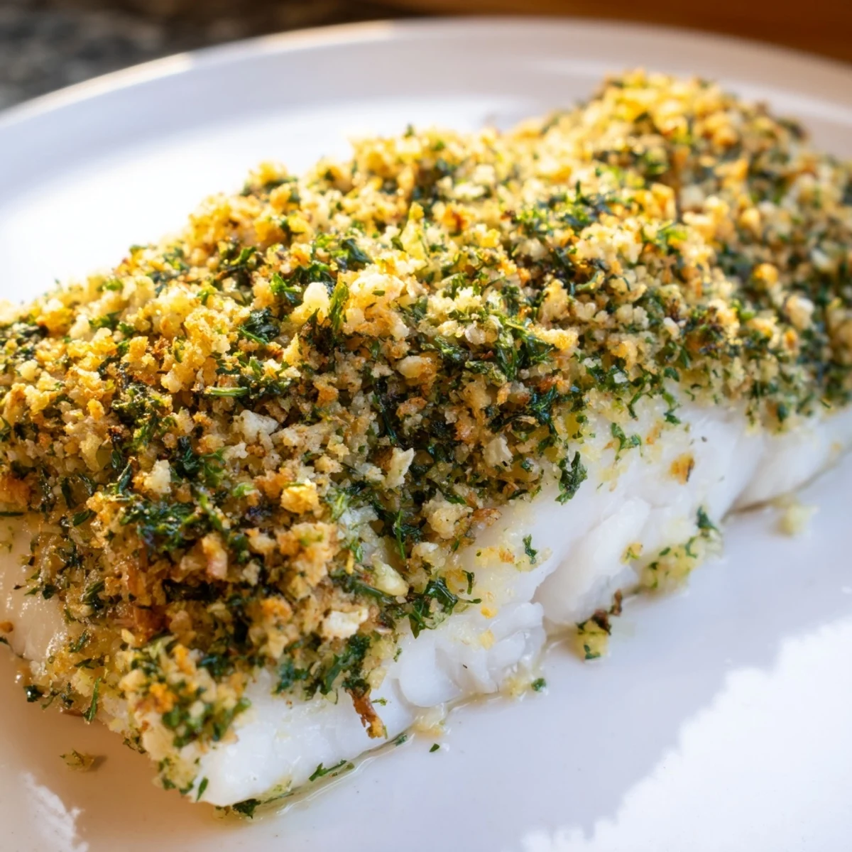 Sizzling Baked Hake with Lemon and Herb Crust emerges from the oven, featuring crispy golden topping and steaming tender fish on a baking tray.