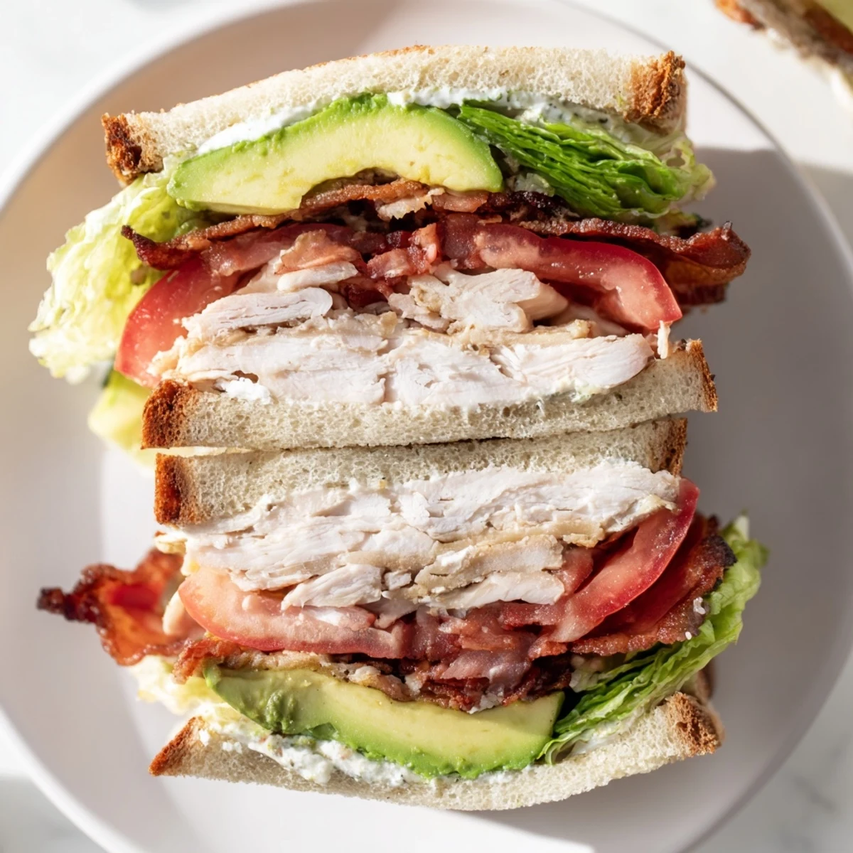 Close-up of a Turkey Club Sandwich with Turkey Bacon and Avocado, showcasing layers of roasted turkey, crispy bacon, and creamy avocado on toasted bread.