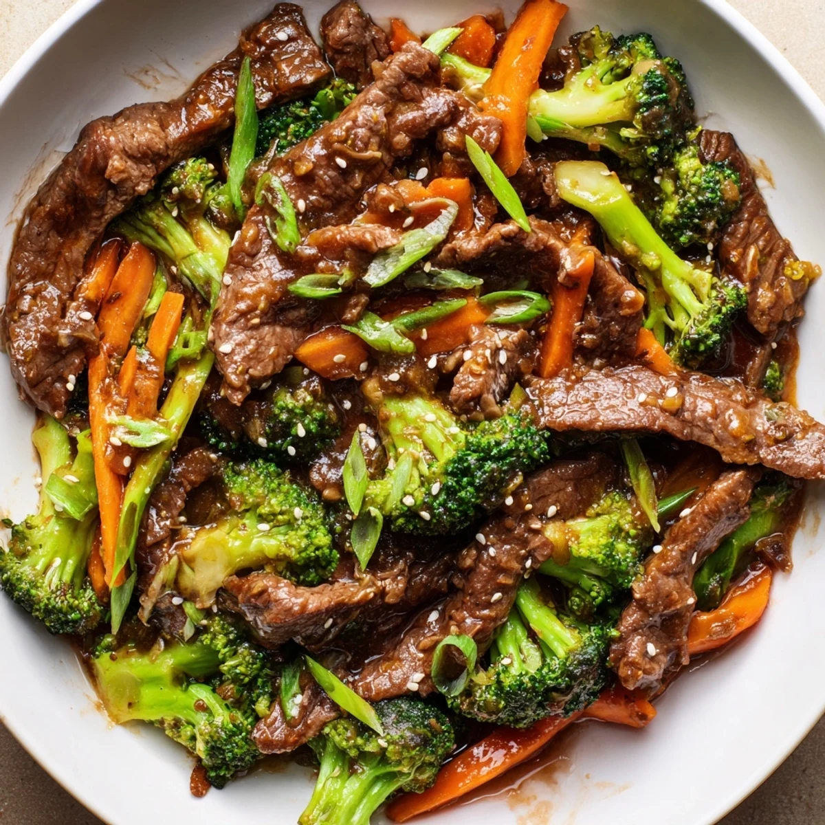 Plated Beef and Broccoli Stir Fry with Garlic Soy Sauce served over fluffy jasmine rice, garnished with green onions and toasted sesame seeds.