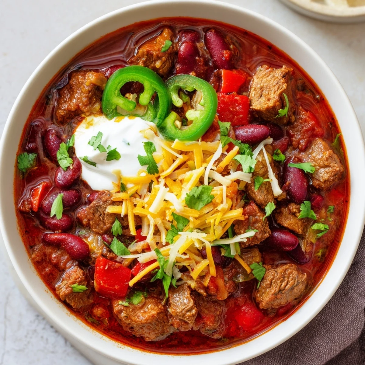 Hearty beef chili with kidney beans served in a rustic bowl, topped with shredded cheddar, sour cream, cilantro, and sliced jalapeños.