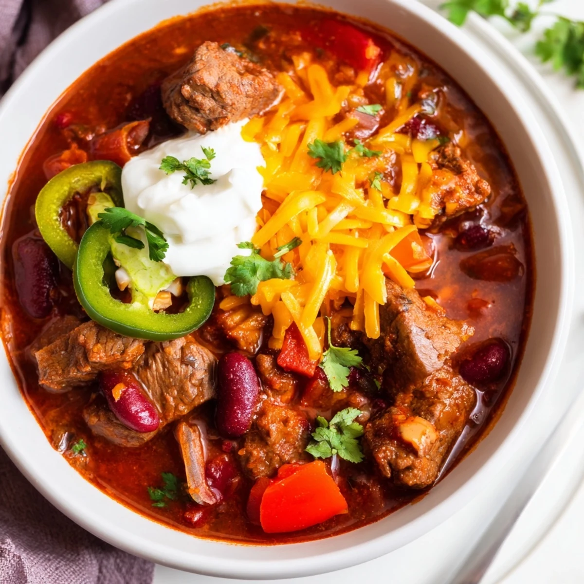 Close-up of slow cooker beef chili showing tender beef and kidney beans in thick, smoky sauce, ready to ladle into bowls.