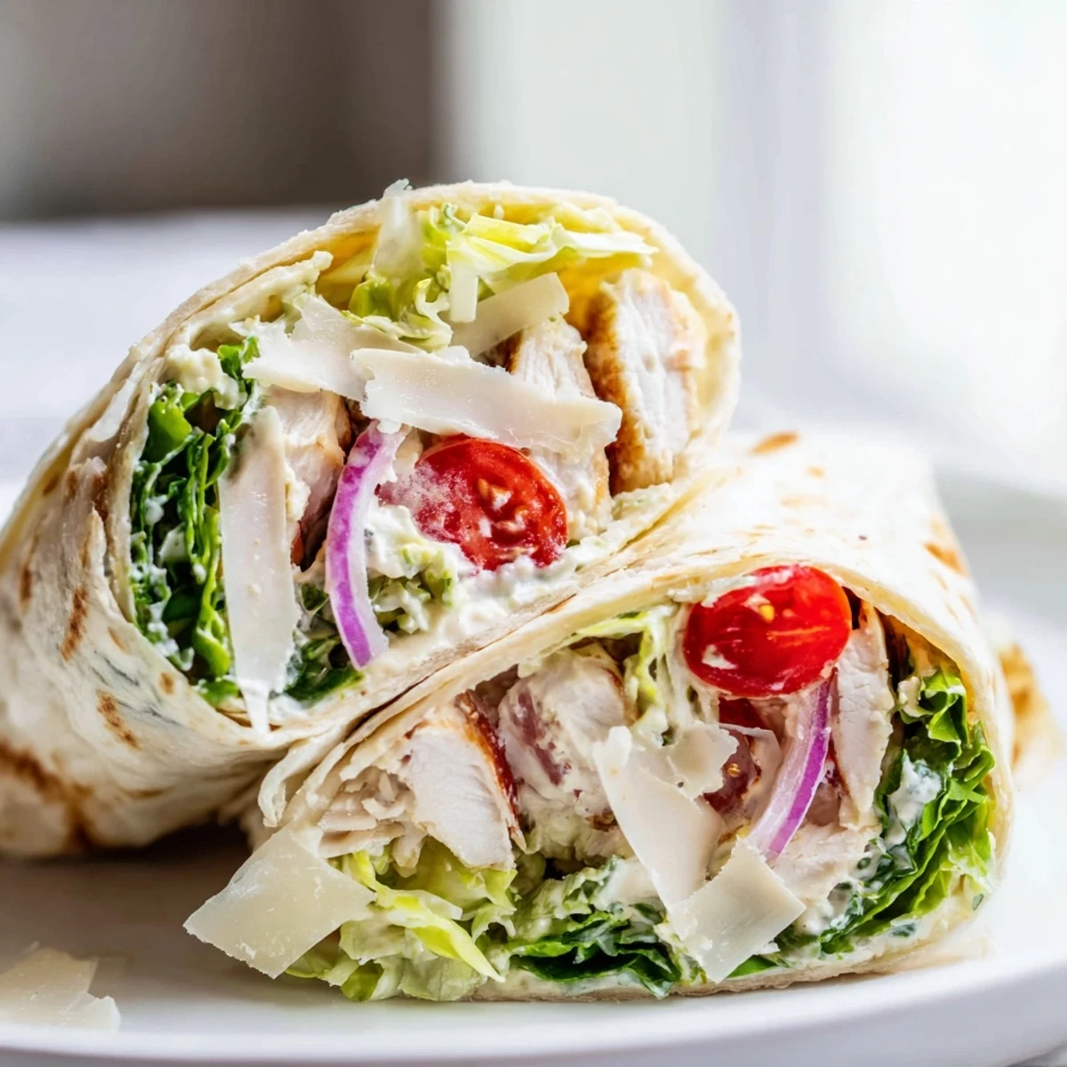 A freshly prepared Chicken Caesar Wrap cut in half shows creamy Caesar dressing clinging to tender chicken and bright lettuce leaves. 
