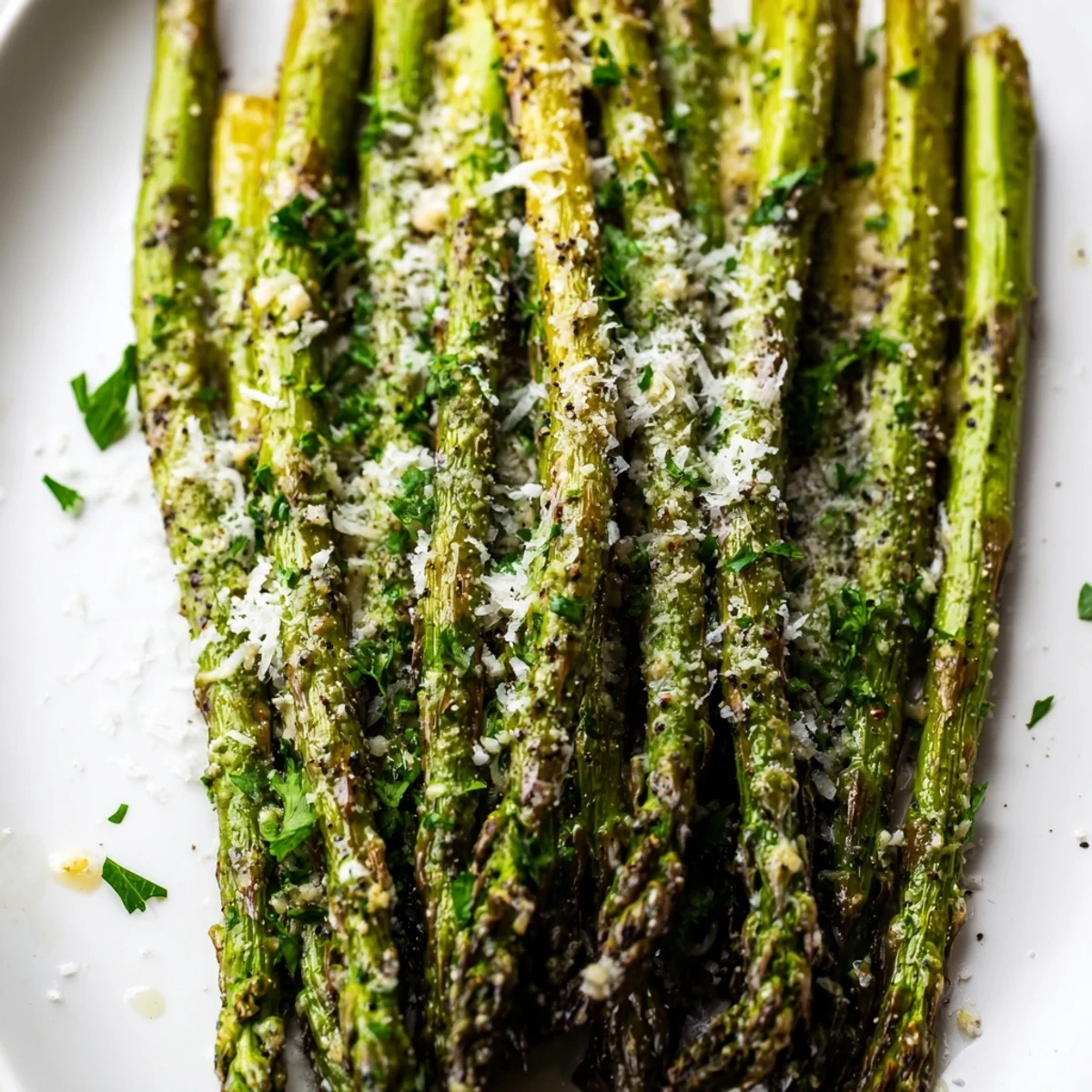 Roasted to perfection, Garlic Parmesan Roasted Asparagus Spears are garnished with fresh parsley and served alongside lemon wedges.