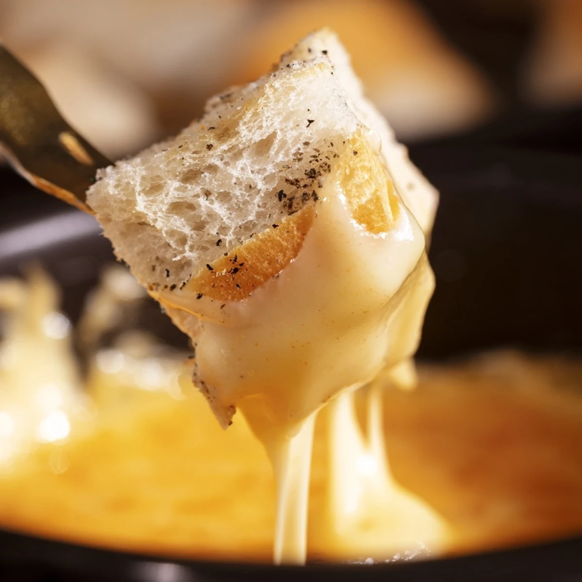 A close-up of Savory Cheese Fondue being scooped onto a baguette piece, highlighting its creamy texture.