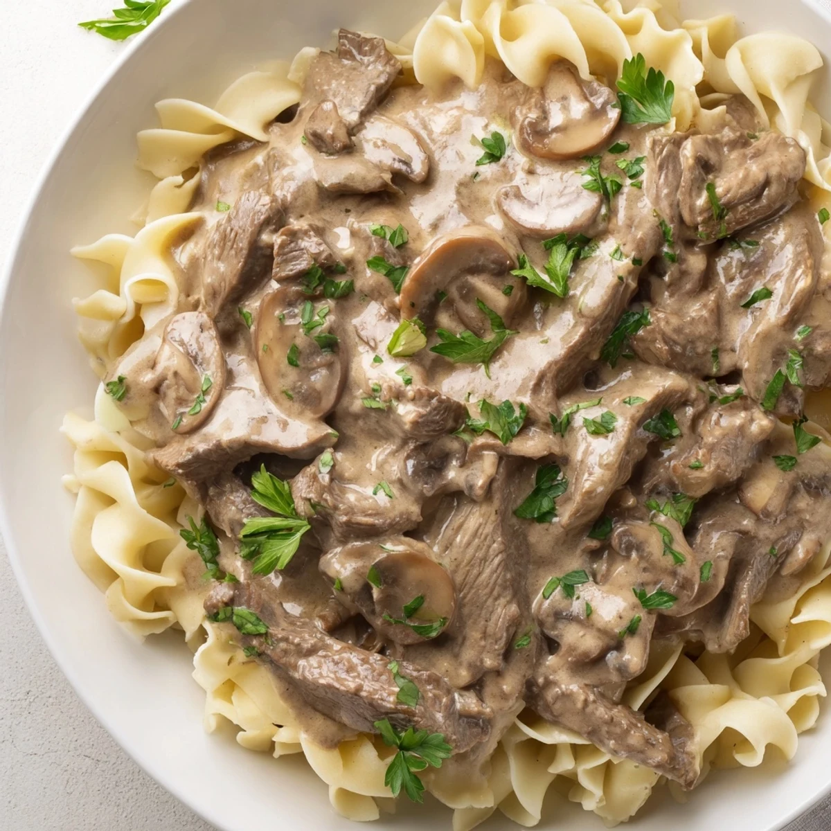Comforting Beef and Mushroom Stroganoff with Cream plated for dinner, featuring savory aromas and tender meat.