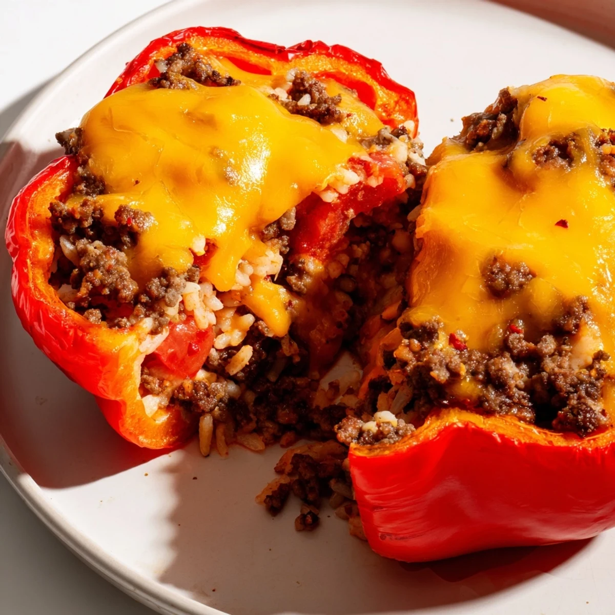 Golden-brown baked stuffed bell peppers with beef, rice, and melted mozzarella, served hot from the oven.