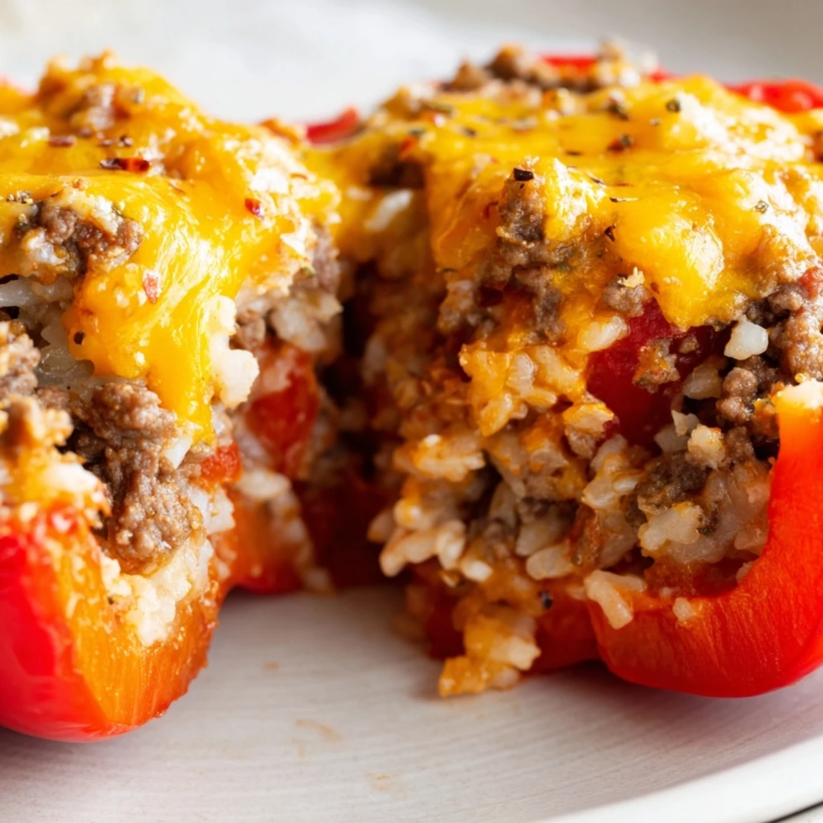Tender bell peppers filled with savory beef and rice, topped with bubbling cheese and fresh parsley.