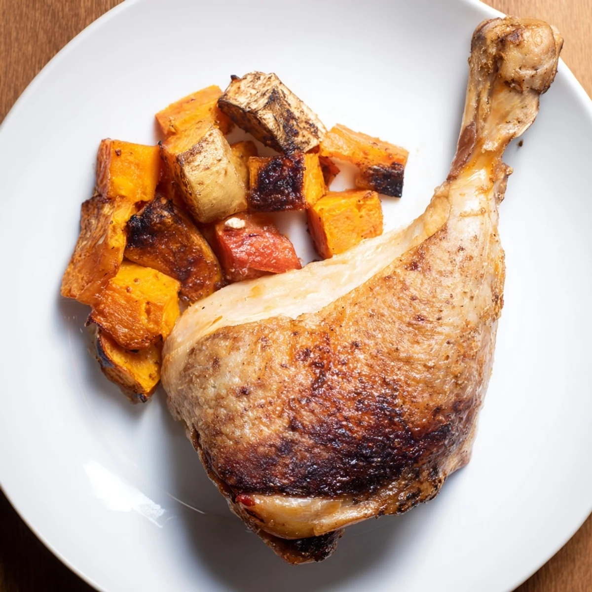 Golden-brown Roasted Chicken with Root Vegetable Medley resting on a platter, surrounded by caramelized carrots, parsnips, and potatoes glistening with pan juices.