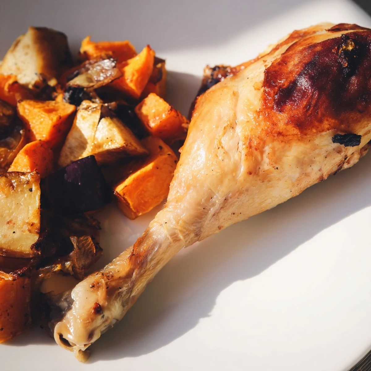 Perfectly carved Roasted Chicken with Root Vegetable Medley served on plates, featuring tender meat alongside a colorful array of glazed root vegetables.