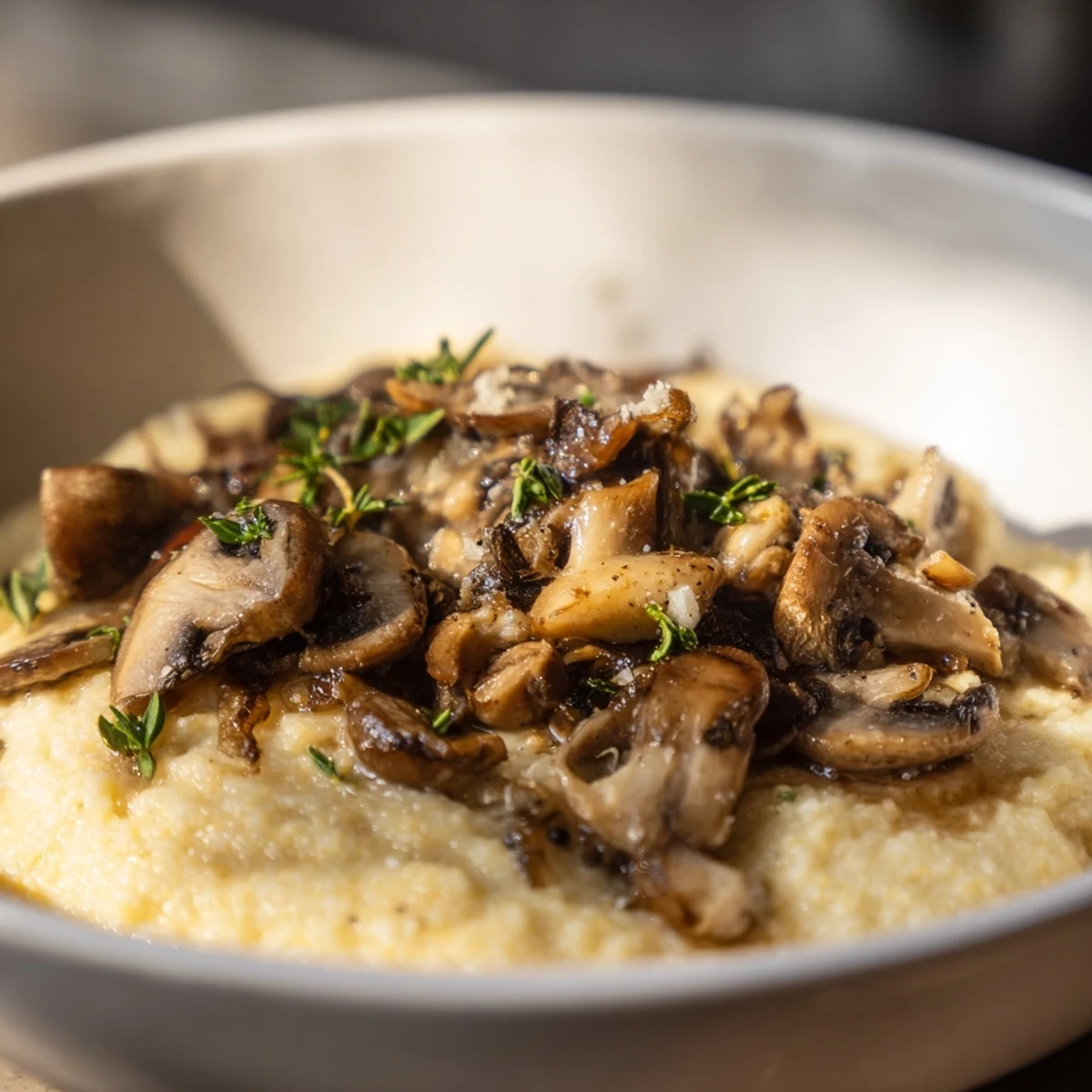 Bowl of Creamy Polenta with Wild Mushrooms featuring golden sautéed mushrooms, garlic, and herbs, ready to serve as a vegetarian weeknight meal.