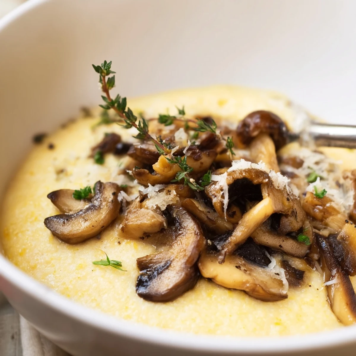 Close-up of Creamy Polenta with Wild Mushrooms, showing velvety cornmeal topped with meaty mushrooms and parsley, ideal for gluten-free comfort food lovers.