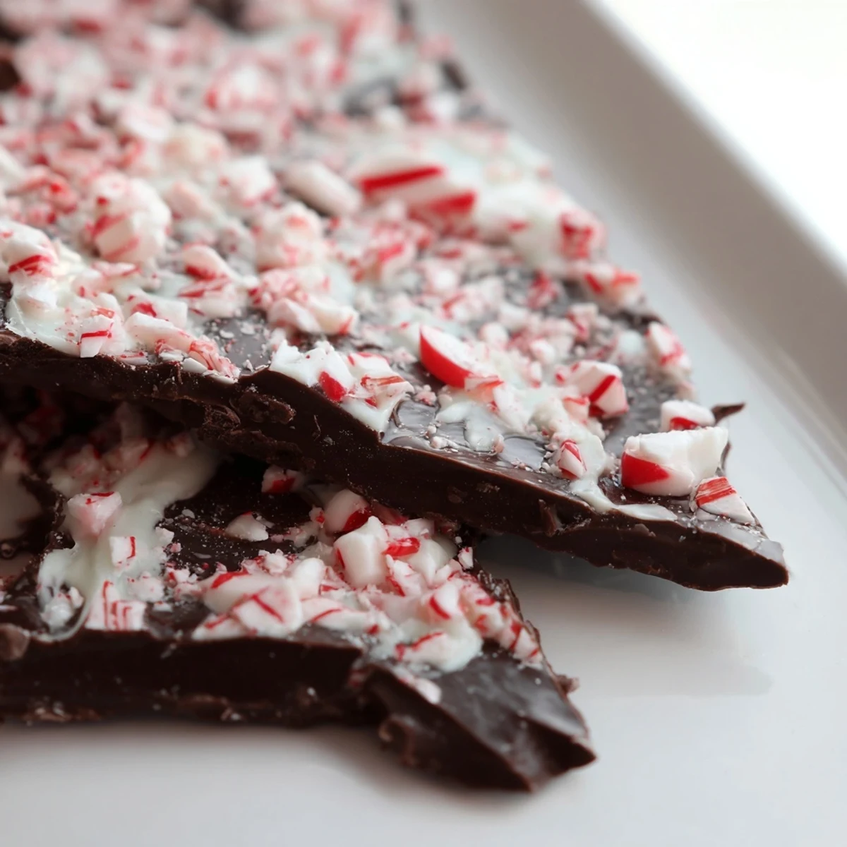 Shards of Chocolate Peppermint Bark glisten on a rustic wooden board, showcasing rich dark chocolate and crushed peppermint candy canes for a festive holiday snack.