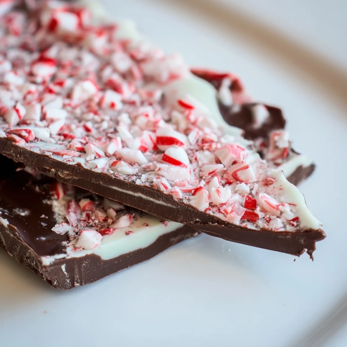 Cracked pieces of Chocolate Peppermint Bark reveal layers of dark and white chocolate, with a dusting of peppermint crumbs perfect for gifting.