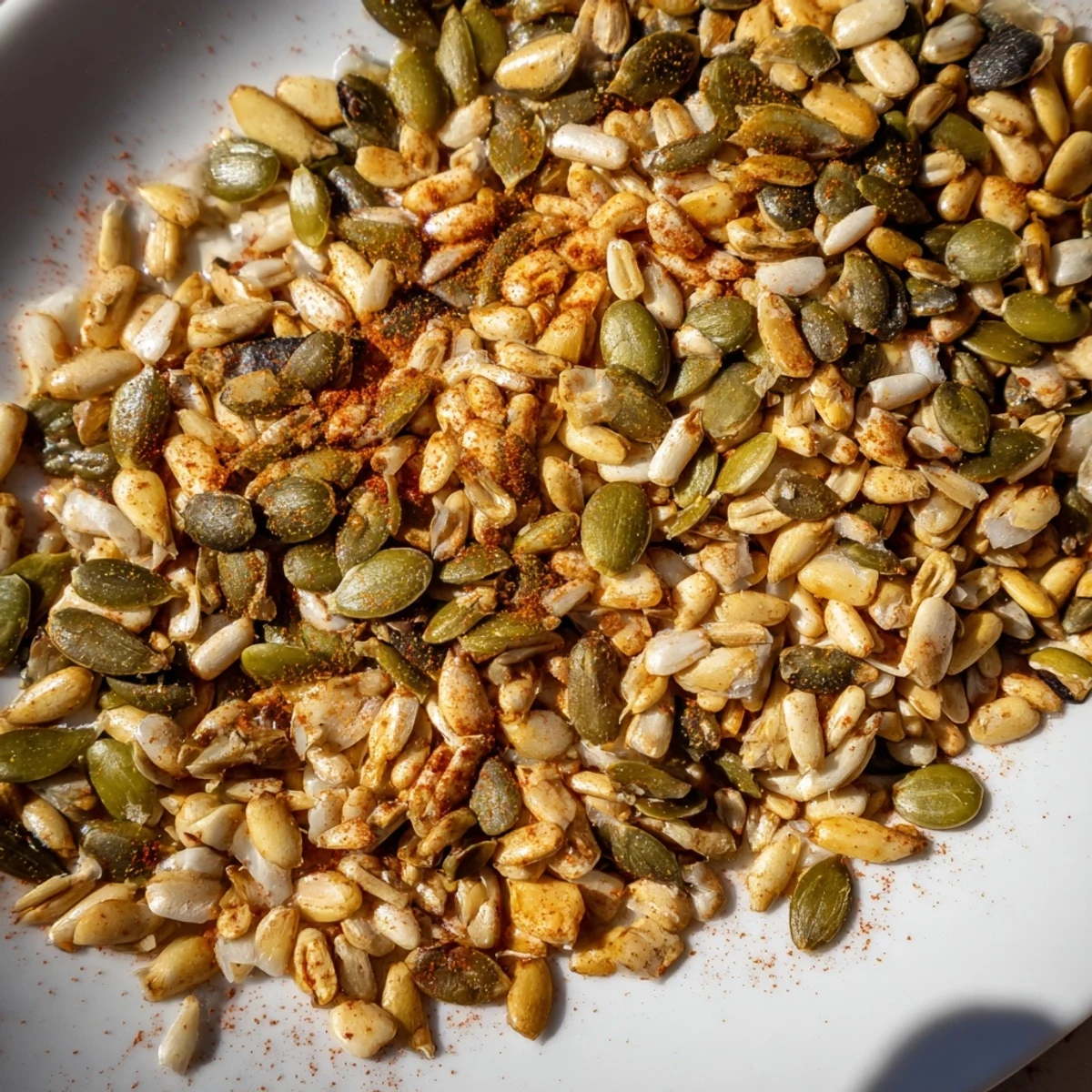A close-up of crispy roasted seeds with salt scattered on a wooden cutting board, perfect for snacking or topping soups.