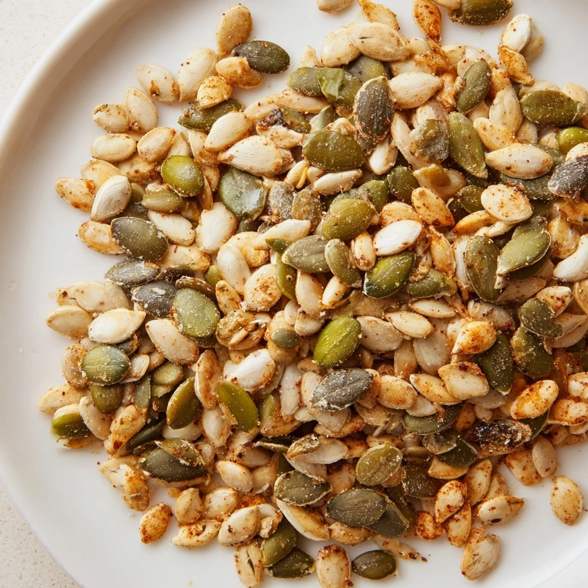 A small white bowl filled with roasted seeds with salt, paired with a fresh green salad for a wholesome vegan snack.