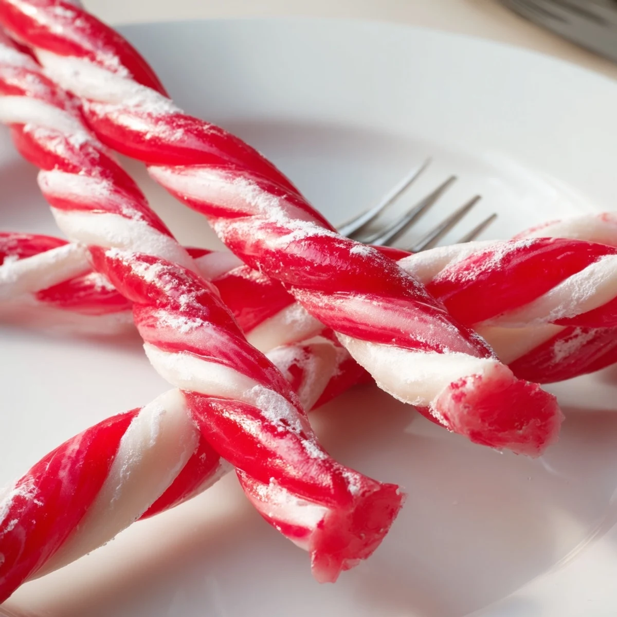 Festive red and white peppermint sticks on a baking sheet, glistening with sugar crystals.