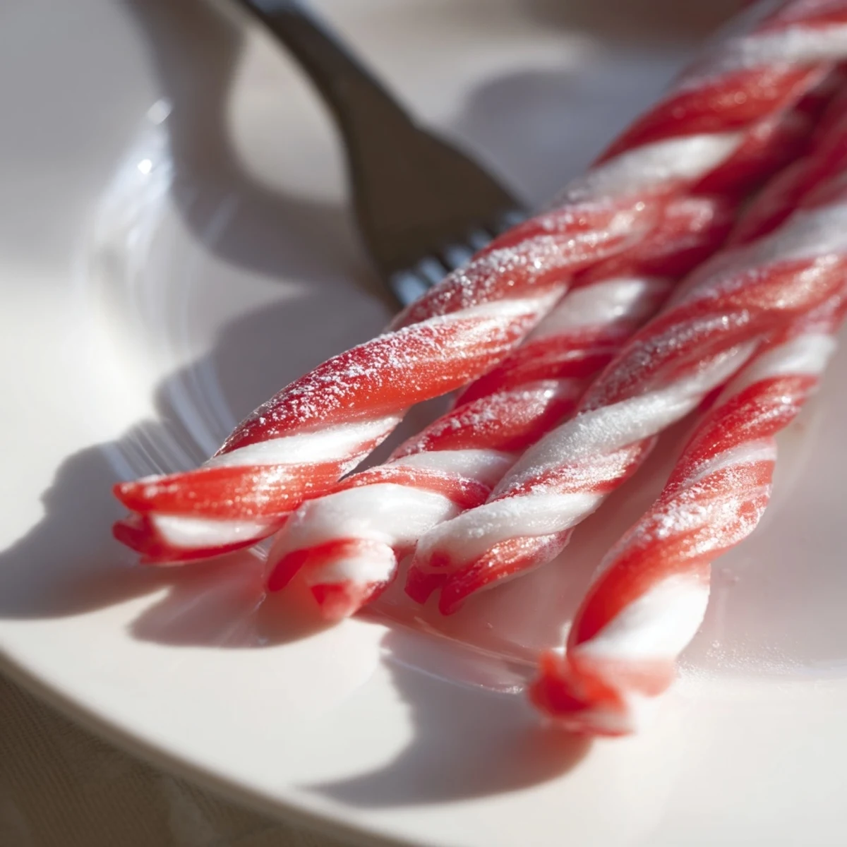 Handmade peppermint sticks with a classic crook end, perfectly hardened and dusted with powdered sugar.