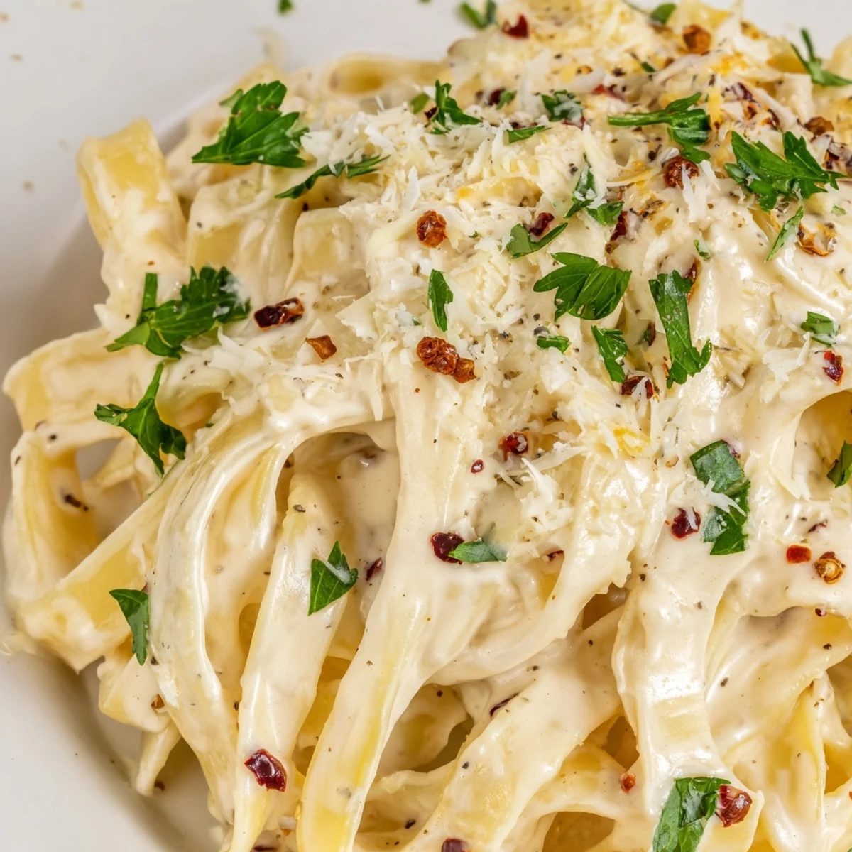 Creamy Garlic Pasta with Parsley in a white bowl, highlighting the silky garlic cream sauce and bright green herbs. 
