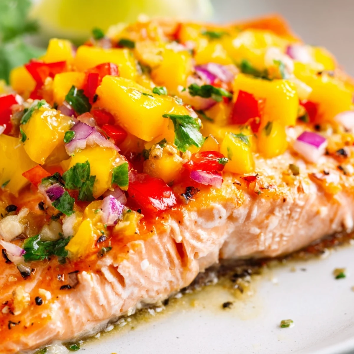Golden-brown baked salmon fillets topped with chunky mango salsa, lime wedges on the side.