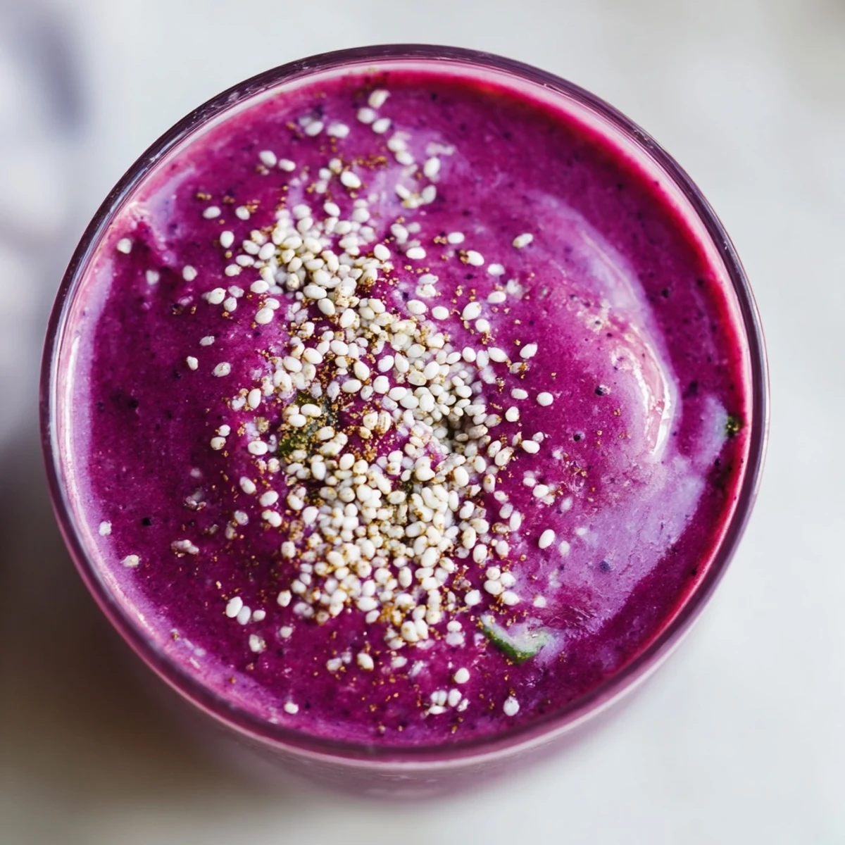 Healthy Winter Berry Smoothie with Spinach in a glass beside frozen berries and spinach, a quick vegan breakfast idea.