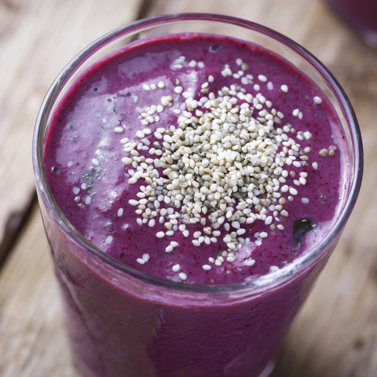 Top-down view of a Winter Berry Smoothie with Spinach in a mason jar, showing creamy texture and vibrant purple hue.