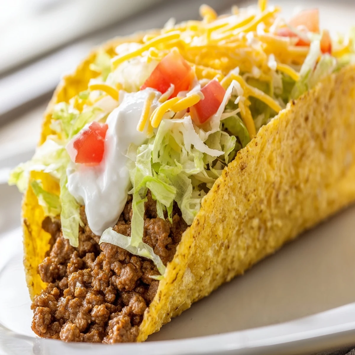 Crispy Beef Tacos with Sour Cream topped with fresh lettuce, diced tomatoes, and melted cheddar cheese.