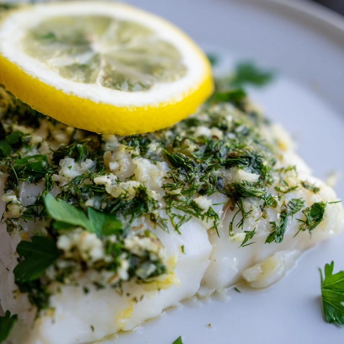 Golden-brown Baked Cod with Herbs and Lemon garnished with fresh herbs and lemon slices on a white plate. 