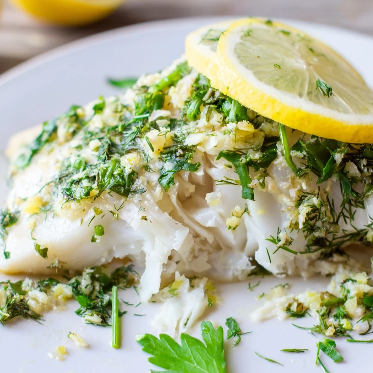Flaky, tender Baked Cod with Herbs and Lemon topped with garlic and herbs, ready to be served. 